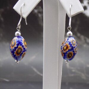 925 Sterling Silver Blue Glass Earrings Floral Beads Millefiori Style Signed FAS